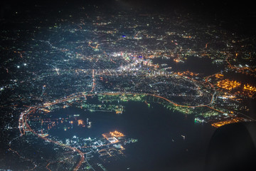 飛行機から見える横浜の夜景