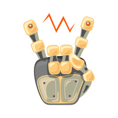 Robot hand. Mechanical technology machine engineering symbol. Hand gestures. Cool, good icon. Rock music. Peace. Energy between fingers. Vector illustration on the white background.