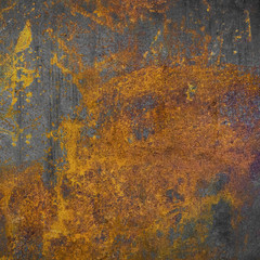 Aged metal plate. Industrial background. Old rusty factory wall with grungy paint's blots. 