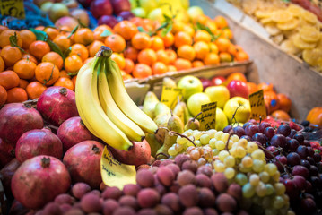 Variety of fresh fruits at the food market 
