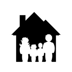 Illustration of family with house icon. Vector silhouette on white background. Symbol of mother, father, daughter, and son. Sign of person at home.