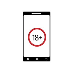Illustration of mobil phone porn icon. Vector silhouette on white background. Symbol of telephone, cell phone, smartphone. Sign 18+.