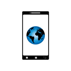 Illustration of mobil phone with world icon. Vector silhouette on white background. Symbol of telephone, cell phone, smartphone with earth on the screen.