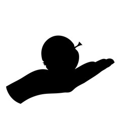Illustration of fruit icon. Vector silhouette on white background. Symbol of hand with apple.