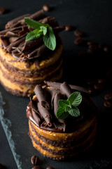 Chocolate cakes on black slatter board with mint, coffee beans on dark background, closeup photo. Fresh, tasty dessert food concept. 