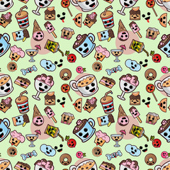 seamless patern, illustration_1_style Kawaii cute nice, adorable pictures, icons, sweet food pastry and beverages is a great kit for design