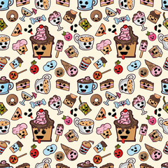 Obraz premium seamless pattern, Kawaii style_7_illustration cute good, adorable drawings, icons, sweet pastry food and drinks