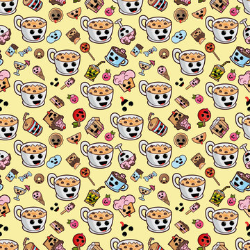 seamless patern, illustration_3_style Kawaii cute nice, adorable pictures, icons, sweet food pastry and beverages is a great kit for design
