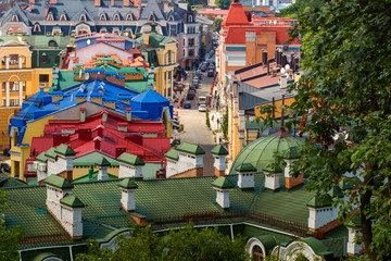 Fototapeta na wymiar Aerial view of beautiful city Kyiv at summer. sky and clouds and colorful buildings. Kyiv, Ukraine.