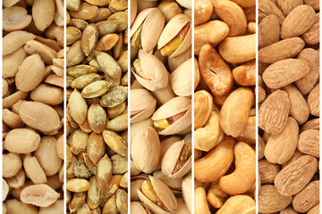 Roasted and salted nuts and seeds collage - peanuts, pumpkin seeds, pistachio nuts, cashew nuts, almonds