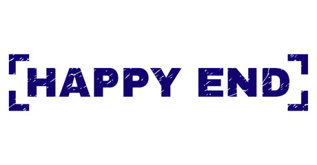 HAPPY END text seal imprint with corroded effect. Text label is placed between corners. Blue vector rubber print of HAPPY END with corroded texture.