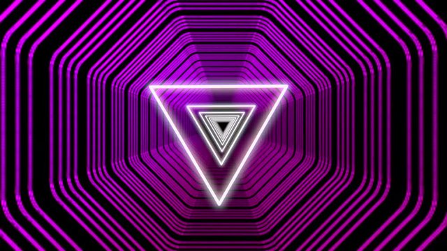 Futuristic Retro 80s Purple Triangle Tunnel, with Neon White Lights. Seamless Looped Animation. 4K