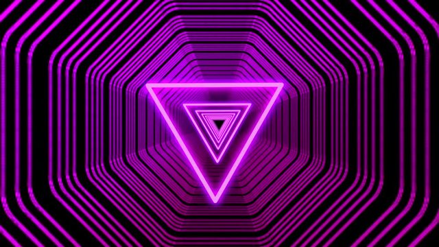 Beautiful Retro Futuristic 80s Purple Tunnel Triangle, with Neon Purple Lights. Seamless Looped Animation. 4K