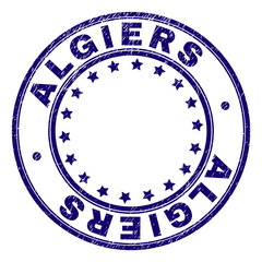 Fototapeta na wymiar ALGIERS stamp seal imprint with grunge texture. Designed with circles and stars. Blue vector rubber print of ALGIERS label with grunge texture.