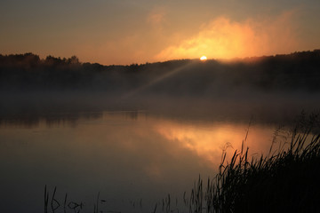 Fototapeta na wymiar The first ray of the sun in the fog at the lake at sunrise
