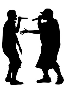 Hip-hop artists with microphones on stage on white background