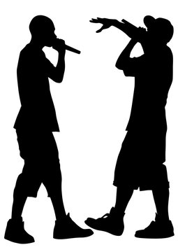 Hip-hop artists with microphones on stage on white background