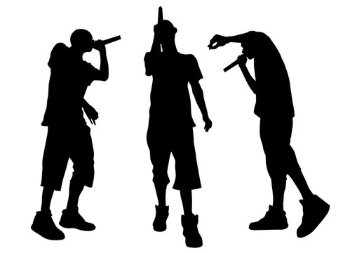 Hip-hop artists with microphones on stage on white background