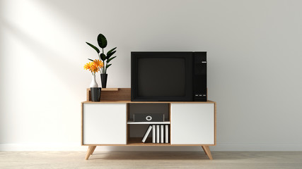Smart Tv Mockup on the cabinet decor, modern living room zen style. 3d rendering