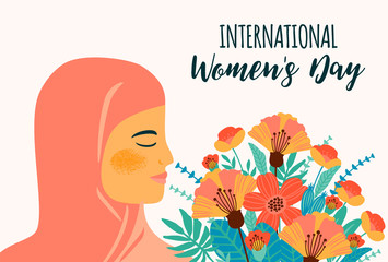 International Women s Day. Vector template with arab woman and flowers