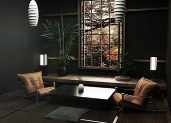 Tatami mats and window view forest trees on room japanese zen style.3D renderin