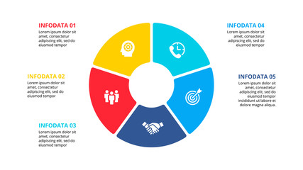 Flat circle element for infographic with 5 parts, options or steps. Template for cycle diagram, graph, presentation and chart