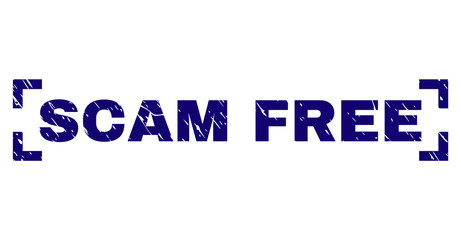 SCAM FREE text seal stamp with grunge texture. Text tag is placed between corners. Blue vector rubber print of SCAM FREE with dirty texture.