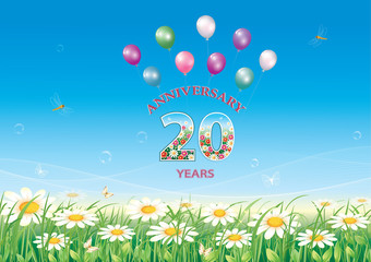 Birthday card 20 years with natural floral background and balloons