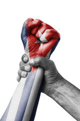 Fist painted in colors of Cuba flag, fist flag, country of Cuba