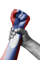 Fist painted in colors of Laos flag, fist flag, country of Laos