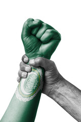 Fist painted in colors of league arabian states flag, fist flag, country of league arabian states