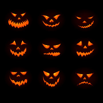 Halloween big icon set with pumpkins. 3d pumpkin face emoji. Vector halloween symbol for game app, web or ui design. Cartoon smile face. Vector illustration