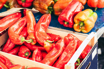 Fresh red pepper in the fruit market, Catania, Sicily, Italy.