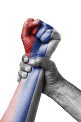 Fist painted in colors of Russia flag, fist flag, country of Russia