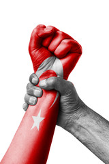 Fist painted in colors of Turkey flag, fist flag, country of Turkey