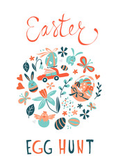 Funny Happy Easter eggs hunt greeting card cartoon style design.