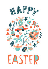 Funny Happy Easter eggs hunt greeting card cartoon style design.