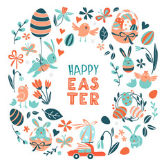 Funny Happy Easter eggs hunt greeting card cartoon style design.