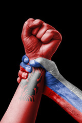 Russia VS Albania, Fist painted in colors of Albania flag, fist flag, country of Albania