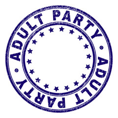 ADULT PARTY stamp seal watermark with grunge texture. Designed with round shapes and stars. Blue vector rubber print of ADULT PARTY tag with corroded texture.