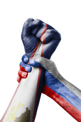 Russia VS American samoa, Fist painted in colors of American samoa flag, fist flag, country of...