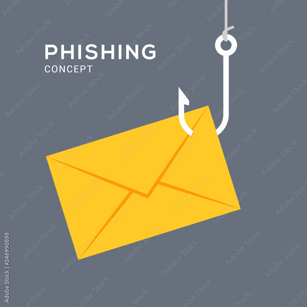 Poster data phishing hacking online. scam envelope concept. computer data fishing hack crime
