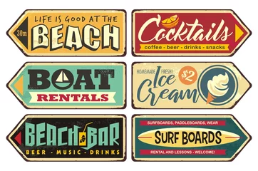 Kollektion Sommerschilder. Strand, Cocktails, Eis, Bootsverleih, Strandbar, Surfbretter. Kollektion saisonaler Plakate und Schilder. Retro-Vektoranzeigen. Vintage-Illustrationen. © lukeruk