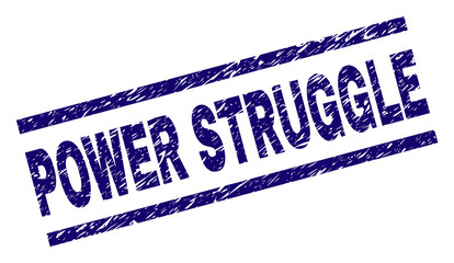 POWER STRUGGLE seal print with distress style. Blue vector rubber print of POWER STRUGGLE caption with unclean texture. Text caption is placed between parallel lines.