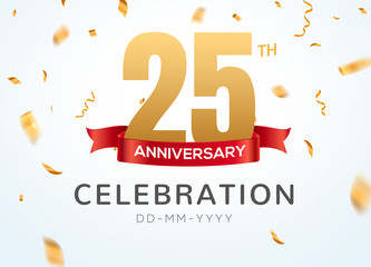 25 Anniversary gold numbers with golden confetti. Celebration 25th anniversary event party template