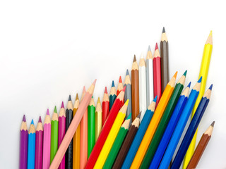 Multicolored pencils with free space for text on white background, Color pencils isolated
