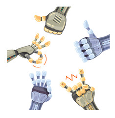 Many robot hand gestures. Robotic hands. Mechanical technology machine engineering symbol. Hand gestures set. Futuristic design. Vector illustration on the white background.