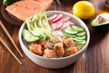 Poke bowl, traditional Hawaiian raw fish salad