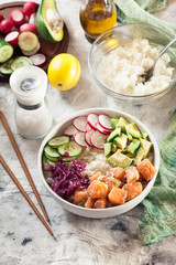 Poke bowl, traditional Hawaiian raw fish salad