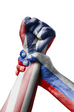 Russia VS Puerto rico, Fist painted in colors of Puerto rico  flag, fist flag, country of Puerto rico
